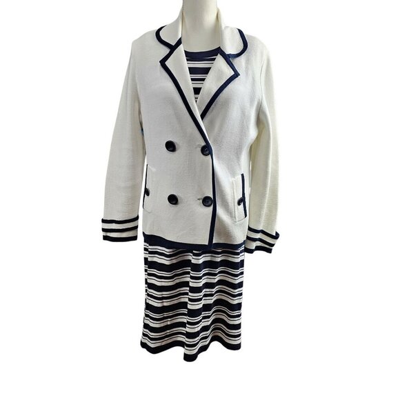 Talbots Knit Double Breast Ivory & Navy Blazer Stripe Cotton Midi Dress Set - Picture 1 of 12